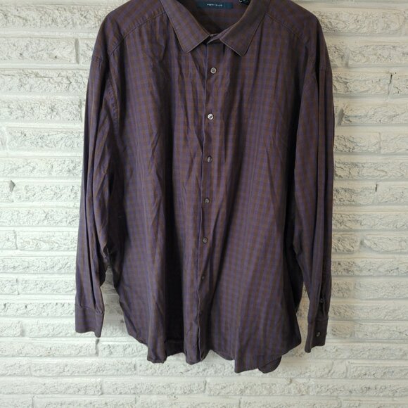 Perry Ellis Mens Shirt 4X Long Sleeve Button Brown Blue Plaid Lightweight PLA80E - Picture 4 of 8